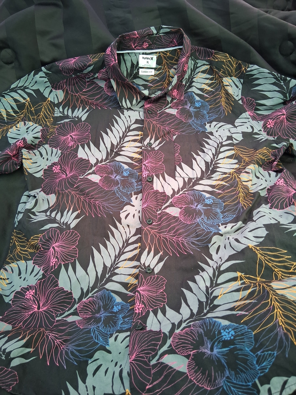 Hurley Black Floral Short-Sleeve Button-Up Shirt with Pink Blue and Gold Accents